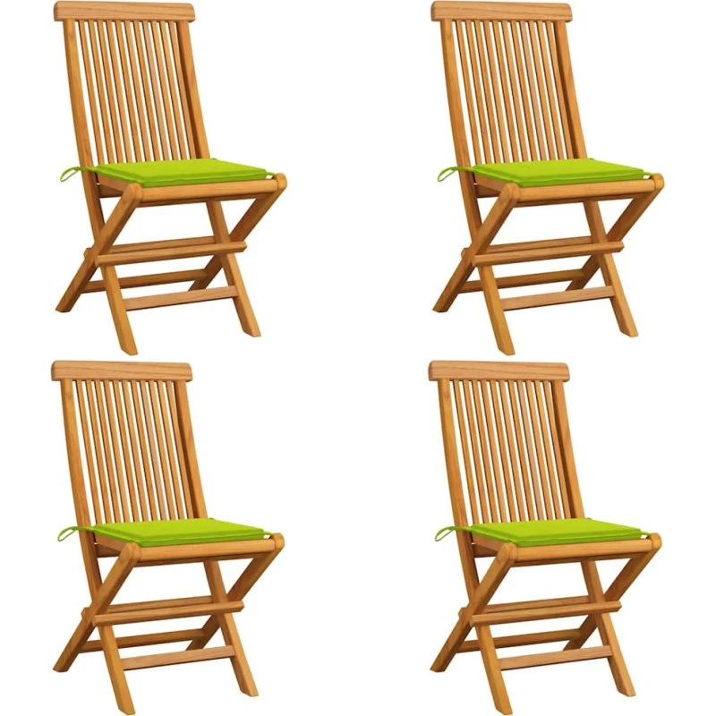 Foldbare havestole i massivt teak med lysegrønne hynder (4 stk)