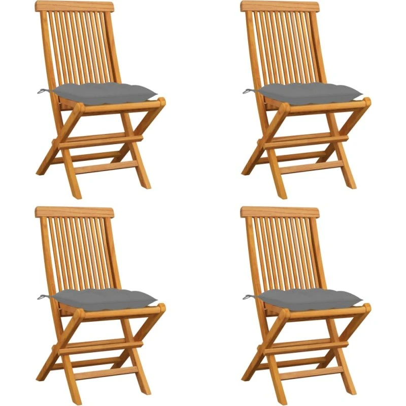 Foldbare havestole i massivt teak med grå hynder, 4 stk