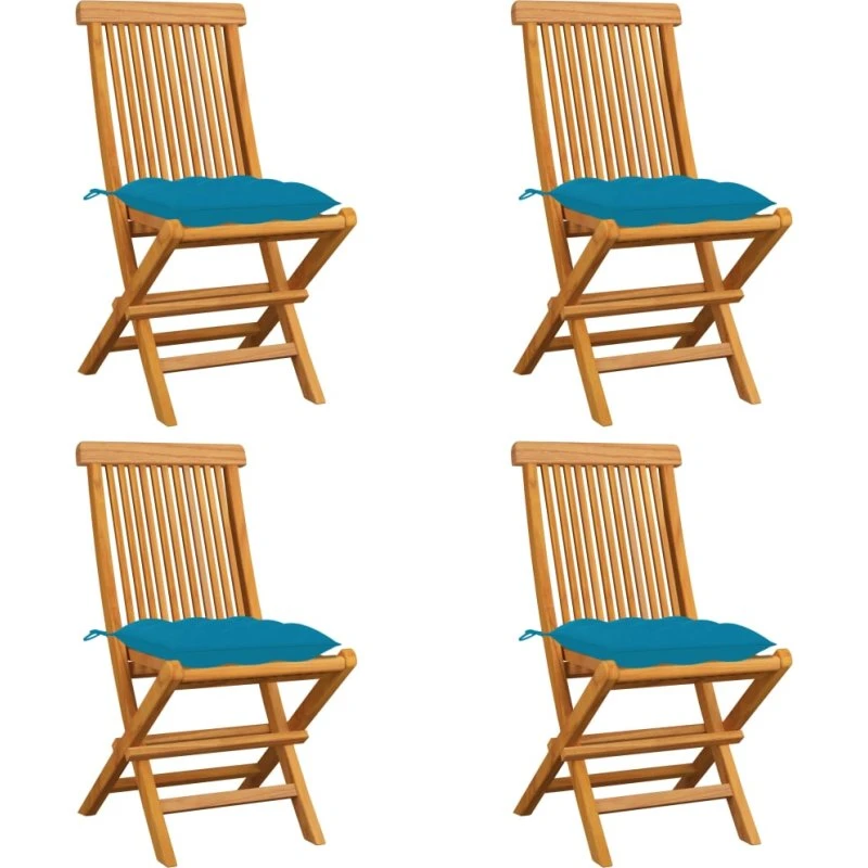 Havestole i massivt teak med lyseblå hynder, 4 stk