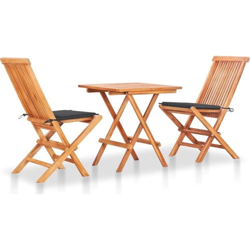 Bistrosæt 3 dele i massivt teak med antracitgrå hynder