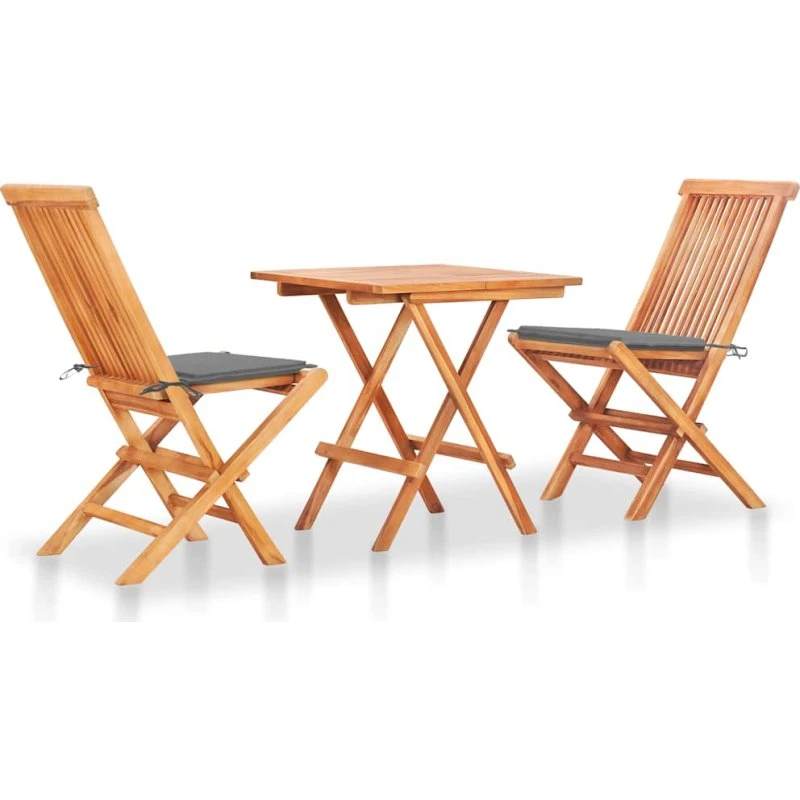 Bistrosæt 3 dele i massivt teak med grå hynder