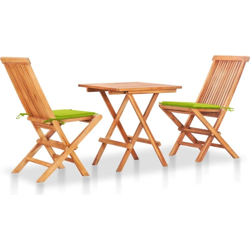 Bistrosæt 3 dele i massivt teak med lysegrønne hynder
