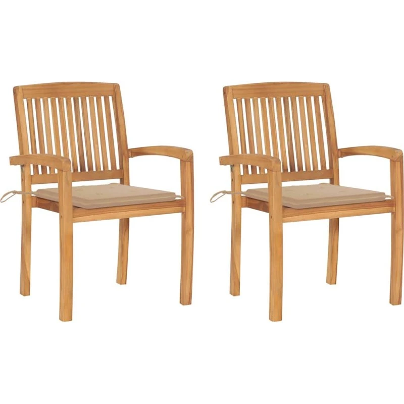 Havestole i massivt teak 2 stk. med beige hynder