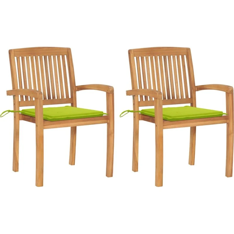 Havestole i massivt teak 2 stk. med lysegrønne hynder