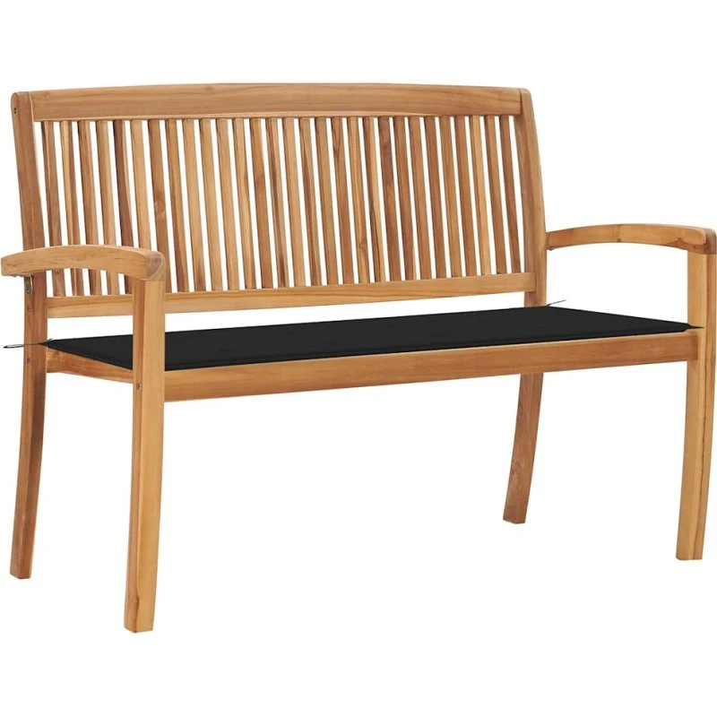Teakhavebænk 128,5 cm med hynde – stabelbar, massivt teak
