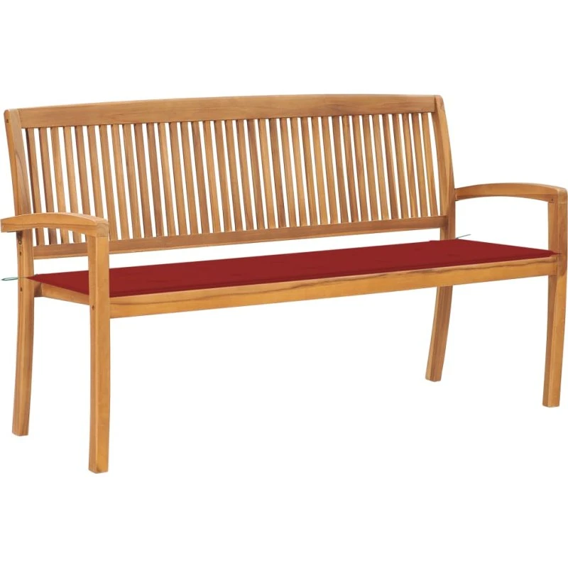 Havebænk 159 cm med hynde — massivt teak, stabelbar