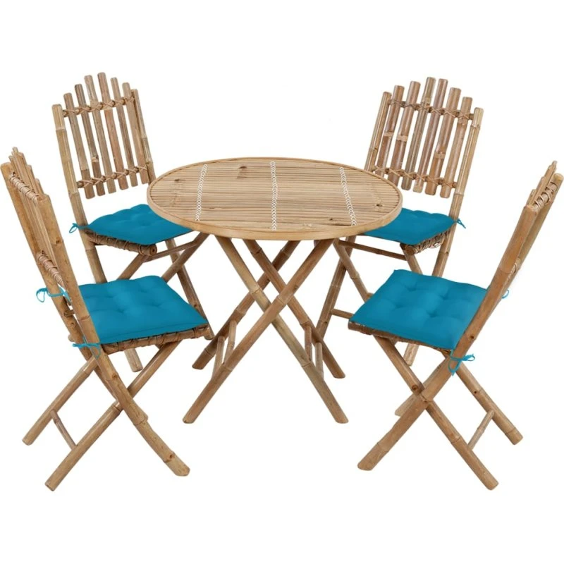 Foldbart bambus 5-personers udendørs spisebordssæt med hynder