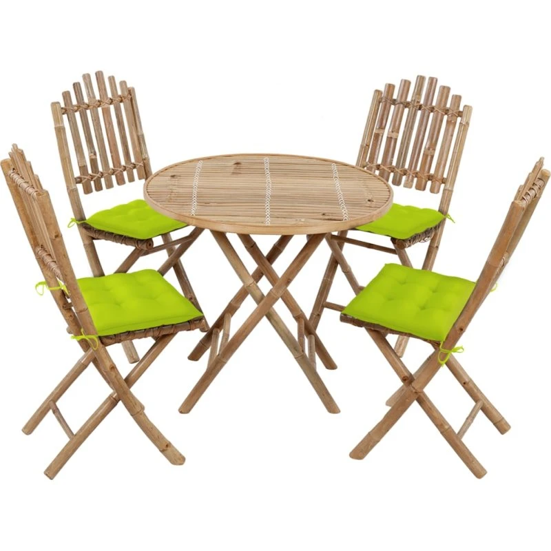 Foldbart bambus spisebordssæt 5 dele med hynder