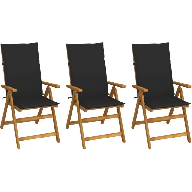 Foldbare havestole 3 stk. i massivt akacietræ med hynder