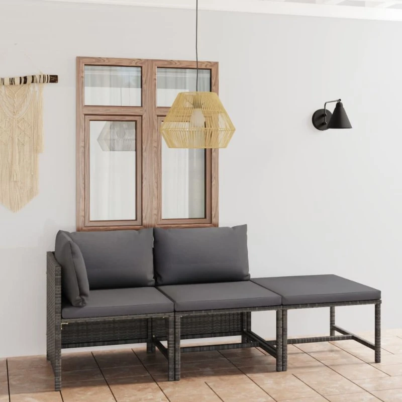Gråt 3-dele loungesæt i polyrattan med hynder