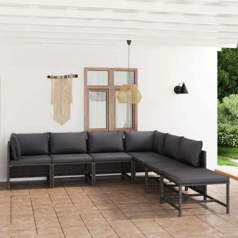 Loungesæt til haven 7 dele i grå polyrattan med hynder