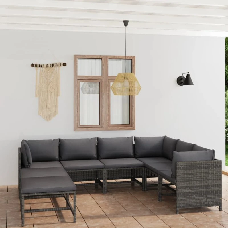 8-delers loungesæt i grå polyrattan med hynder