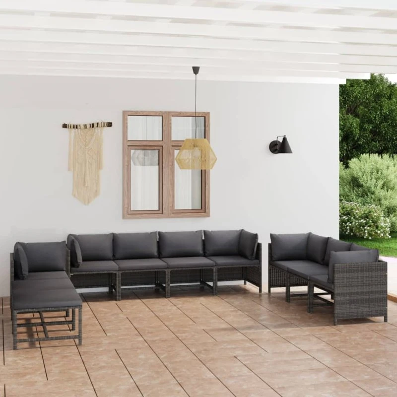 Loungesæt i polyrattan 10 dele med hynder - grå