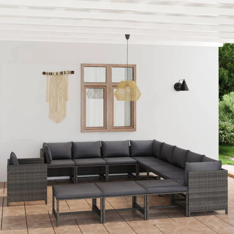 Loungesæt til haven 12 dele i grå polyrattan med hynder
