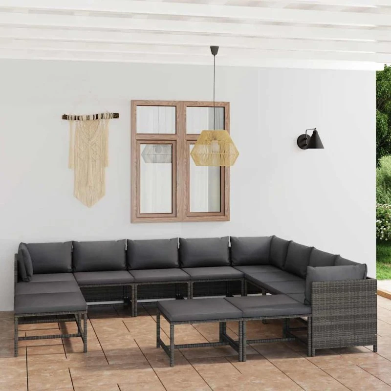 Loungesæt i polyrattan 12 dele med hynder – grå