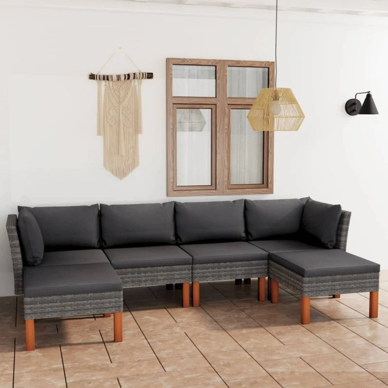 Loungesæt i polyrattan 6 dele med hynder - grå