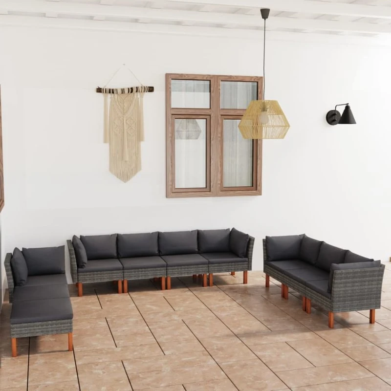 Loungesæt 10 dele i grå polyrattan med hynder