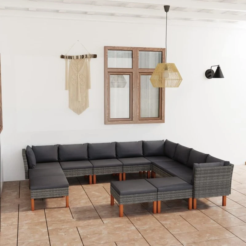 Loungesæt til haven 12 dele, grå polyrattan med hynder