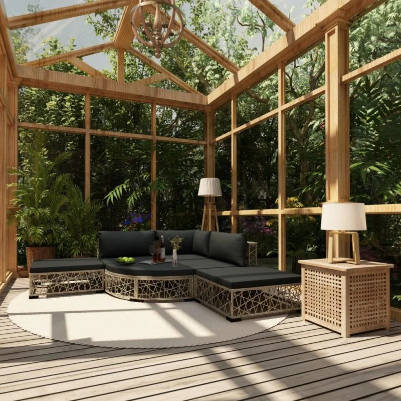 Loungesæt i polyrattan 6 dele med hynder - grå