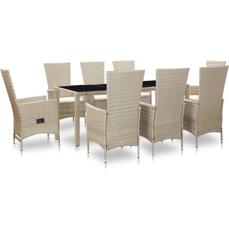 Udendørs spisebordssæt 9 dele i beige polyrattan