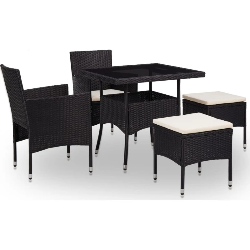 Udendørs spisebordssæt 5 dele i sort polyrattan