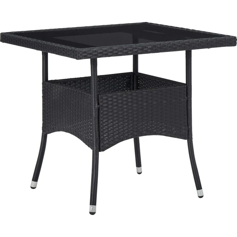 Udendørs spisebord i sort polyrattan med glasbordplade