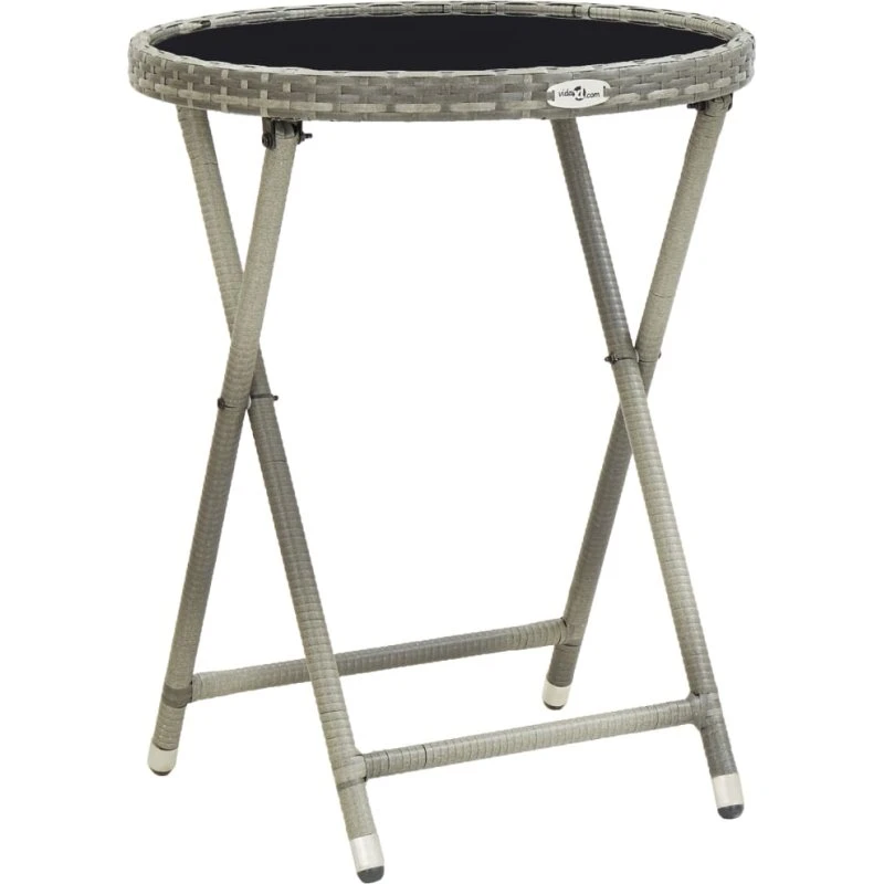 Tebord 60 cm i grå polyrattan med hærdet glas