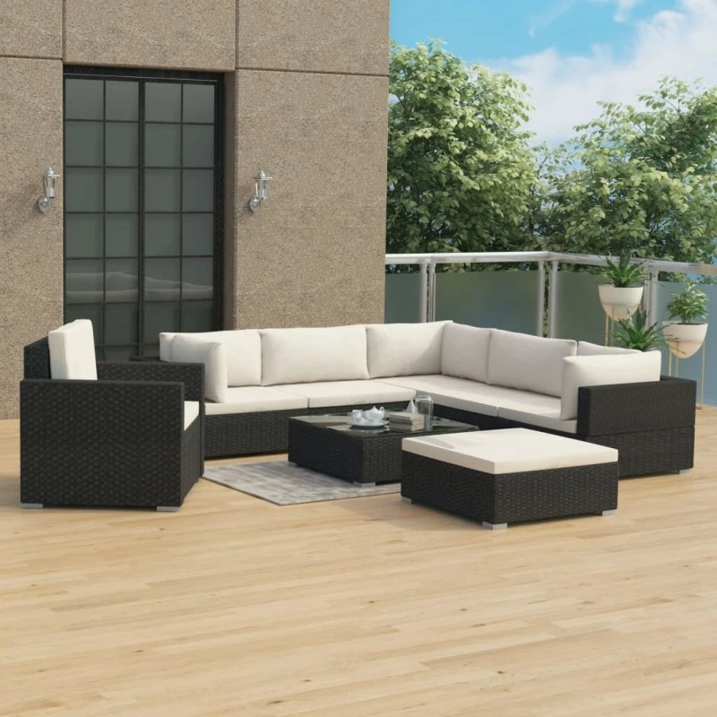 Loungesæt til haven 8 dele i sort polyrattan