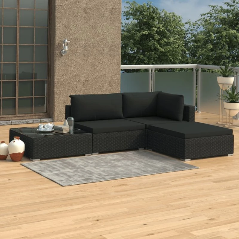 Haveloungesæt 4 dele i sort polyrattan med hynder