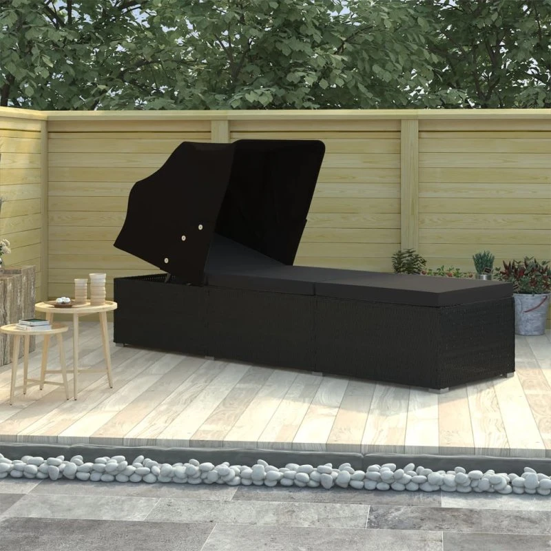 Liggestol polyrattan med baldakin og hynde – sort