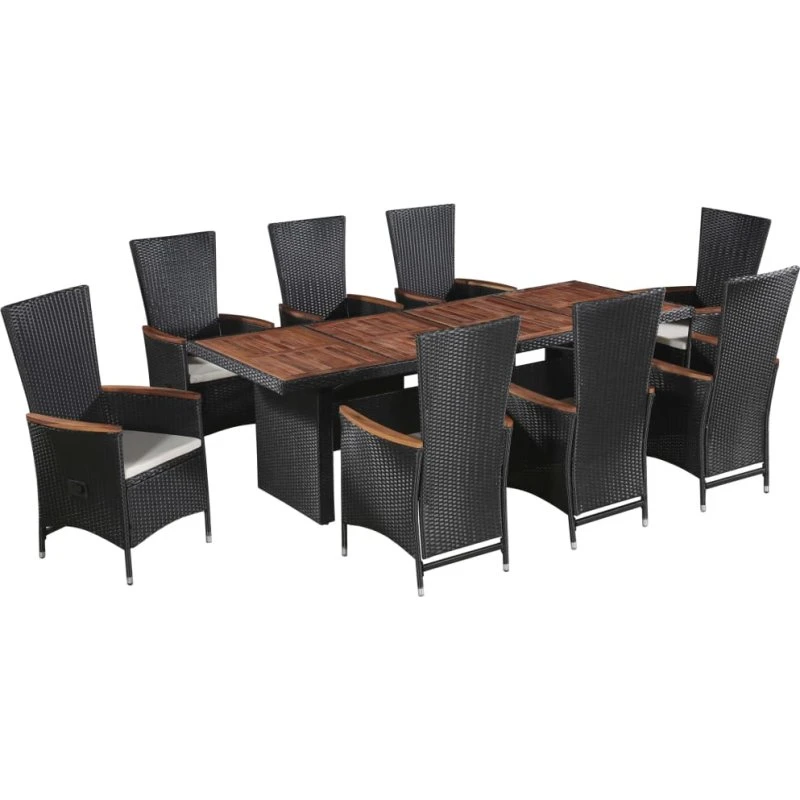Udendørs spisebordssæt 9 dele i sort polyrattan med hynder
