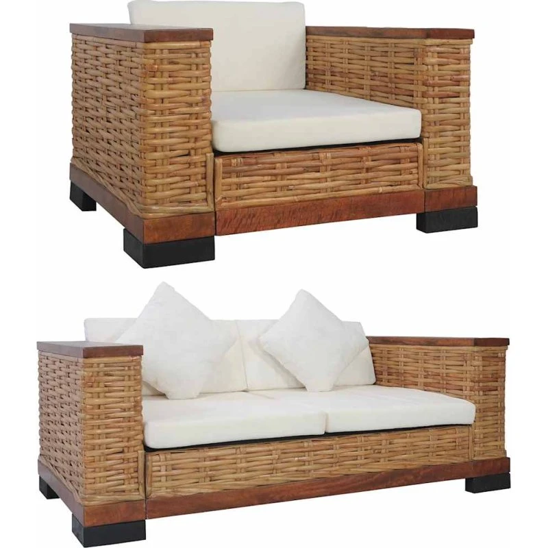 Sofasæt 2 dele i naturlig rattan med hynder, brun