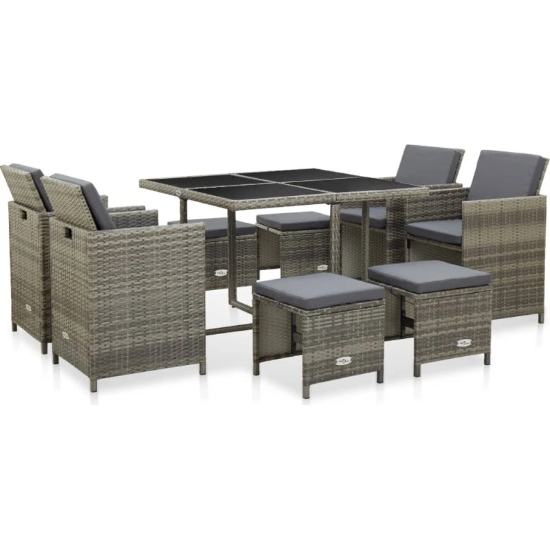 Udendørs spisebordssæt 9 dele i grå polyrattan med hynder
