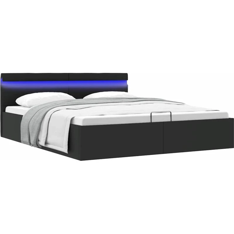 Hydraulisk opbevaringsseng 160x200 cm med LED, sort kunstlæder