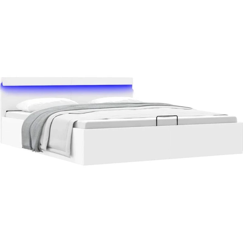 Hydraulisk opbevaringsseng 160x200 hvit kunstlæder med LED
