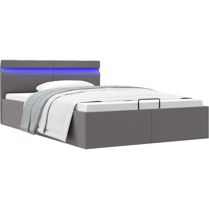 Hydraulisk opbevaringsseng 120x200 cm – grå kunstlæder, LED