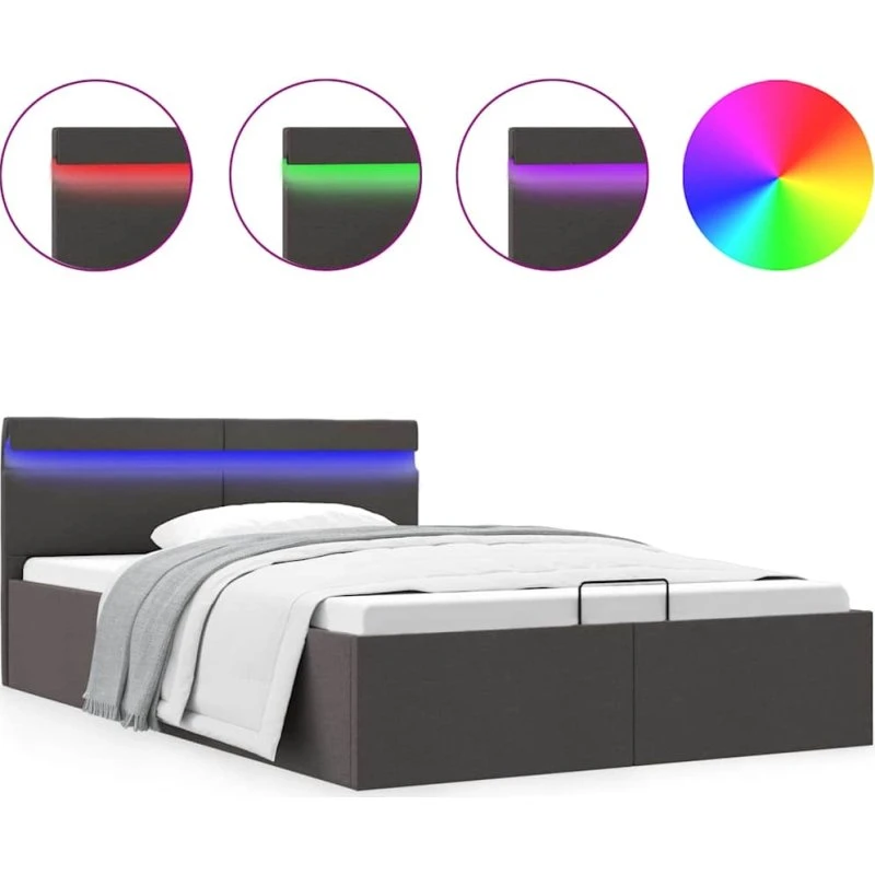 Hydraulisk opbevaringsseng m. LED 140x200 stof mørkegrå