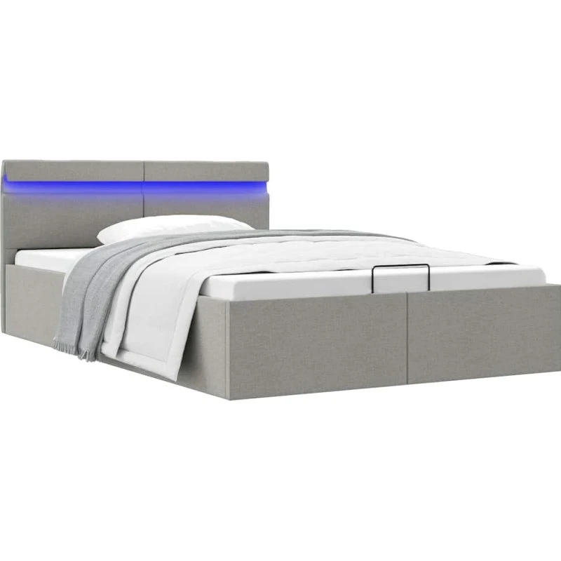 Hydraulisk opbevaringsseng 140x200 med LED, stof lysegrå