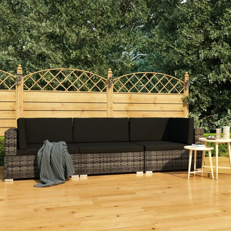 Havesofasæt 3 dele i polyrattan med hynder, grå