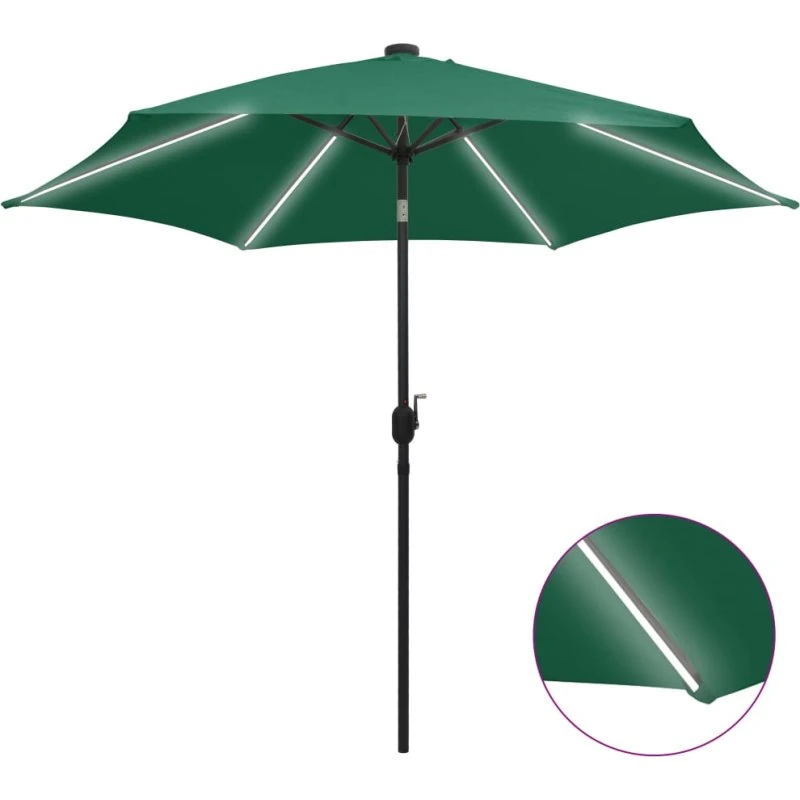 Parasol 300 cm med LED og aluminiumsstang - Grøn
