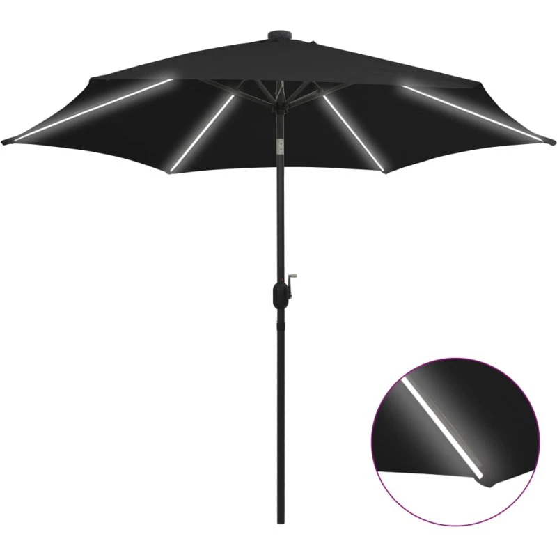 Parasol 300 cm med LED og aluminiumsstang – sort