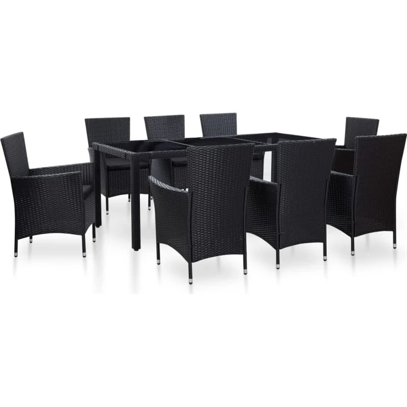 Udendørs spisebordssæt 9 dele i sort polyrattan
