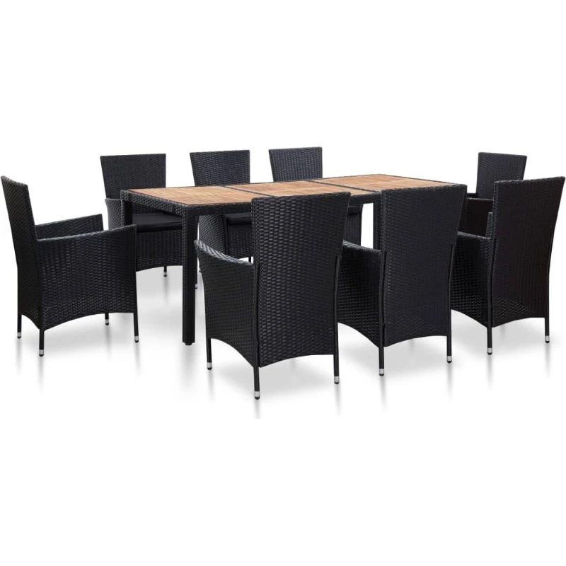 Udendørs spisebordssæt 9 dele i polyrattan med hynder, sort