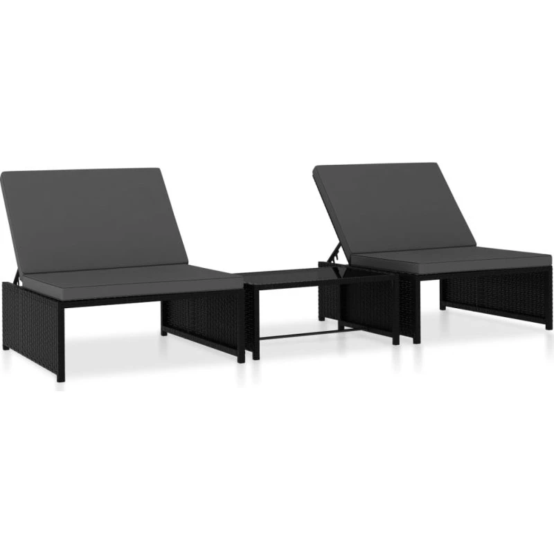 2 havestole med bord i sort polyrattan - lænefunktion