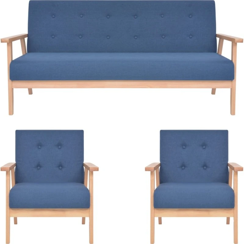 3-delt sofasæt i blå stof – 3-personers sofa + 2 lænestole