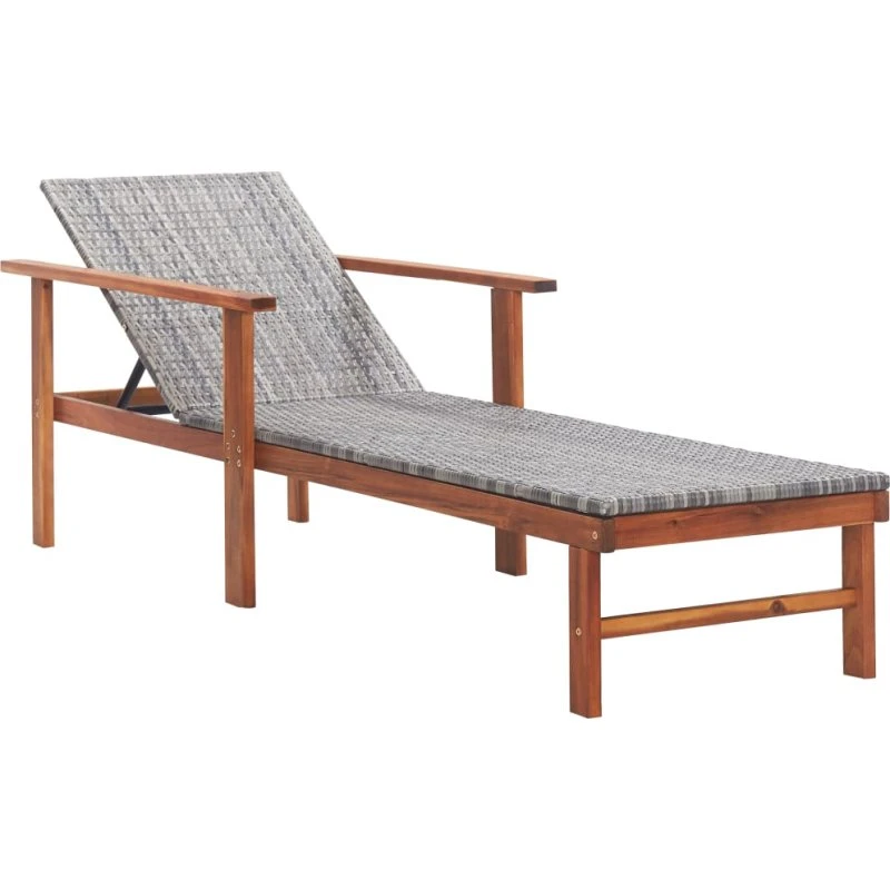 Liggestol i grå polyrattan med akacietræ 200x55x56 cm