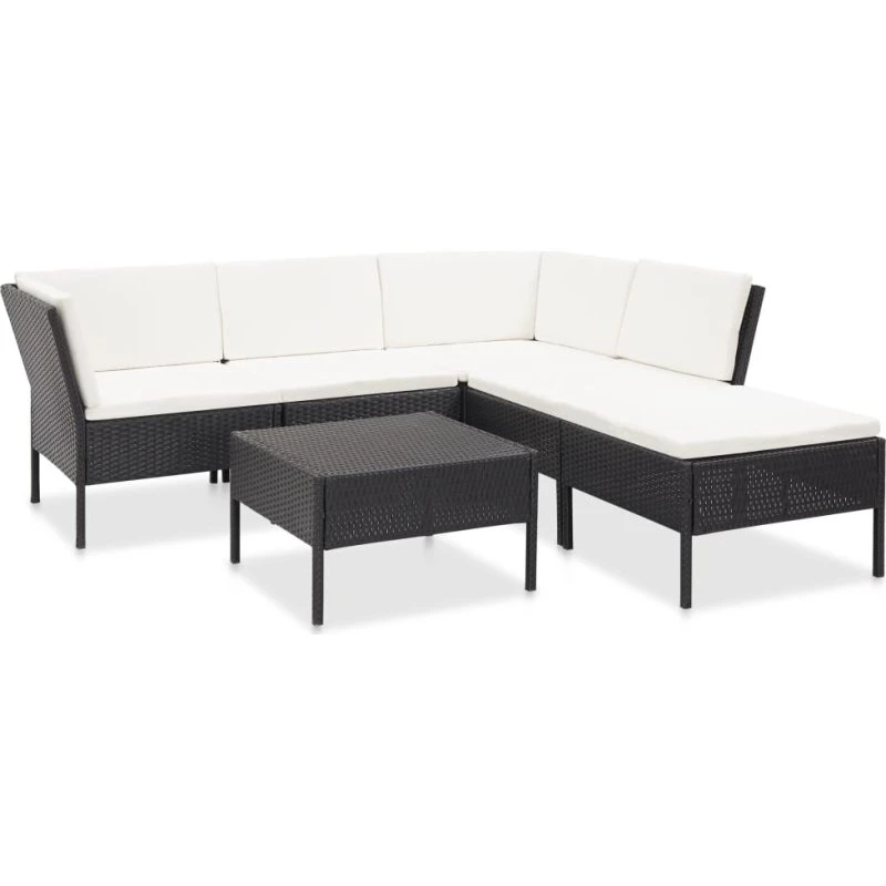 Haveloungesæt 6 dele i sort polyrattan med hynder