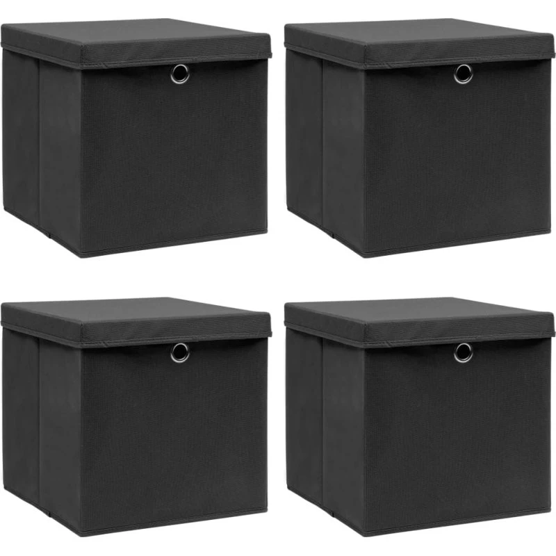Opbevaringskasser med låg 4 stk. 32x32x32 cm – sort