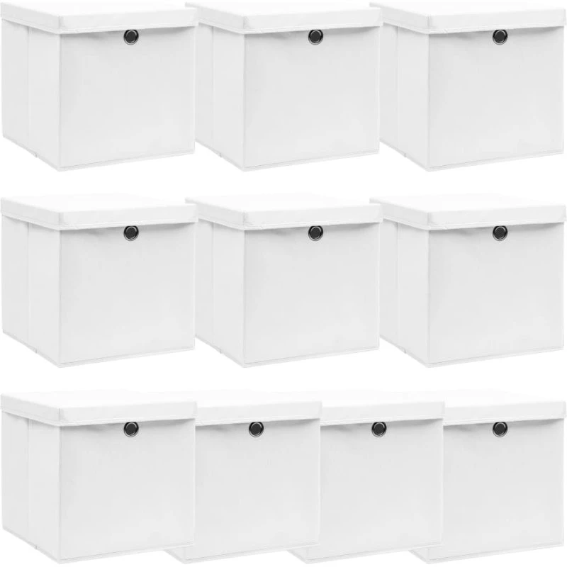 Opbevaringskasser med låg 10 stk. 32x32x32 cm - foldbare hvide