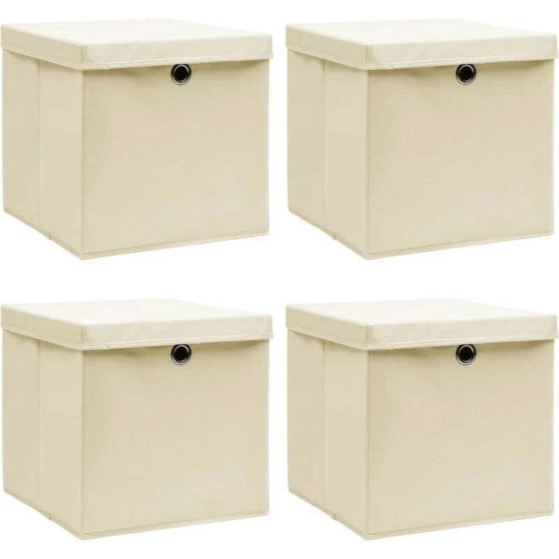Opbevaringskasser med låg 4 stk. 32x32x32 cm – creme